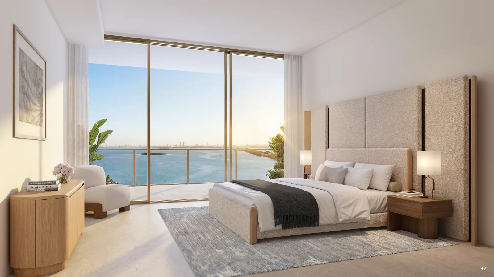 Dormitorio con ventanas de piso a techo, Kempinski Residences Miami — Imagen conceptual del desarrollador